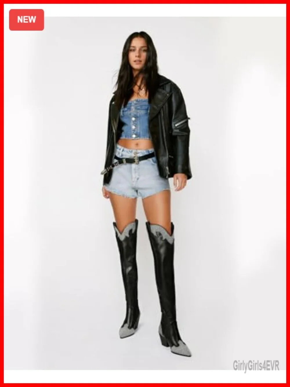 Women's Thigh High Cowboy Boots Rhinestone Chunky Heel Over Knee PU Leather